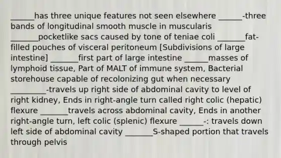 ______has three unique features not seen elsewhere ______-three bands of longitudinal smooth muscle in muscularis _______pocketlike sacs caused by tone of teniae coli _______fat-filled pouches of visceral peritoneum [Subdivisions of large intestine] _______first part of large intestine ______masses of lymphoid tissue, Part of MALT of immune system, Bacterial storehouse capable of recolonizing gut when necessary _________-travels up right side of abdominal cavity to level of right kidney, Ends in right-angle turn called right colic (hepatic) flexure _______travels across abdominal cavity, Ends in another right-angle turn, left colic (splenic) flexure ______-: travels down left side of abdominal cavity _______S-shaped portion that travels through pelvis