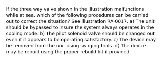 If the three way valve shown in the illustration malfunctions while at sea, which of the following procedures can be carried out to correct the situation? See illustration RA-0017. a) The unit should be bypassed to insure the system always operates in the cooling mode. b) The pilot solenoid valve should be changed out even if it appears to be operating satisfactory. c) The device may be removed from the unit using swaging tools. d) The device may be rebuilt using the proper rebuild kit if provided.