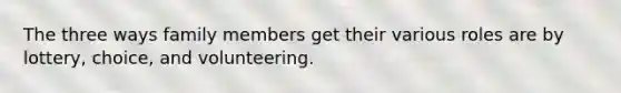 The three ways family members get their various roles are by lottery, choice, and volunteering.