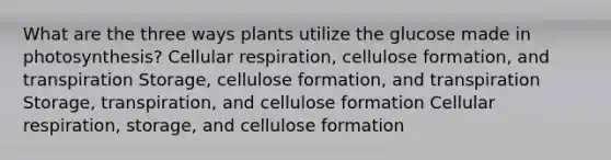 What are the three ways plants utilize the glucose made in photosynthesis? Cellular respiration, cellulose formation, and transpiration Storage, cellulose formation, and transpiration Storage, transpiration, and cellulose formation Cellular respiration, storage, and cellulose formation