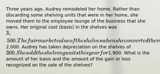 Three years ago, Audrey remodeled her home. Rather than discarding some shelving units that were in her home, she moved them to the employee lounge of the business that she owns. Her original cost (basis) in the shelves was 3,500. The fair market value of the shelves when she converted them to business use was2,000. Audrey has taken depreciation on the shelves of 300. She sold the shelving units this year for1,900. What is the amount of her basis and the amount of the gain or loss recognized on the sale of the shelves?