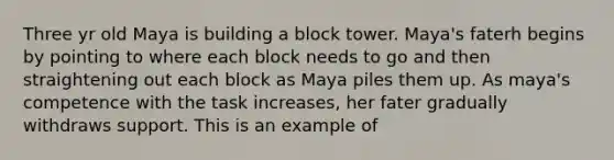 Three yr old Maya is building a block tower. Maya's faterh begins by pointing to where each block needs to go and then straightening out each block as Maya piles them up. As maya's competence with the task increases, her fater gradually withdraws support. This is an example of