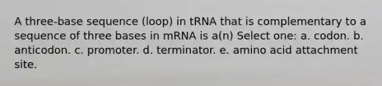 A three-base sequence (loop) in tRNA that is complementary to a sequence of three bases in mRNA is a(n) Select one: a. codon. b. anticodon. c. promoter. d. terminator. e. amino acid attachment site.