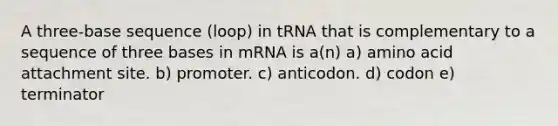 A three-base sequence (loop) in tRNA that is complementary to a sequence of three bases in mRNA is a(n) a) amino acid attachment site. b) promoter. c) anticodon. d) codon e) terminator