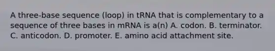 A three-base sequence (loop) in tRNA that is complementary to a sequence of three bases in mRNA is a(n) A. codon. B. terminator. C. anticodon. D. promoter. E. amino acid attachment site.