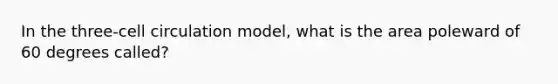 In the three-cell circulation model, what is the area poleward of 60 degrees called?