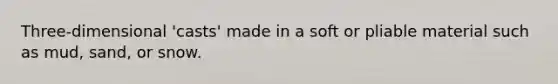 Three-dimensional 'casts' made in a soft or pliable material such as mud, sand, or snow.