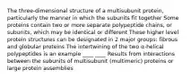 The three-dimensional structure of a multisubunit protein, particularly the manner in which the subunits fit together Some proteins contain two or more separate polypeptide chains, or subunits, which may be identical or different These higher level protein structures can be designated in 2 major groups: fibrous and globular proteins The intertwining of the two α-helical polypeptides is an example ____ ____ Results from interactions between the subunits of multisubunit (multimeric) proteins or large protein assemblies