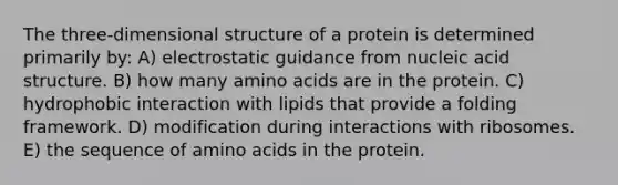 The three-dimensional structure of a protein is determined primarily by: A) electrostatic guidance from nucleic acid structure. B) how many amino acids are in the protein. C) hydrophobic interaction with lipids that provide a folding framework. D) modification during interactions with ribosomes. E) the sequence of amino acids in the protein.