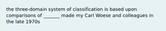 the three-domain system of classification is based upon comparisons of _______ made my Carl Woese and colleagues in the late 1970s