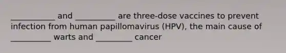 ___________ and __________ are three-dose vaccines to prevent infection from human papillomavirus (HPV), the main cause of __________ warts and _________ cancer