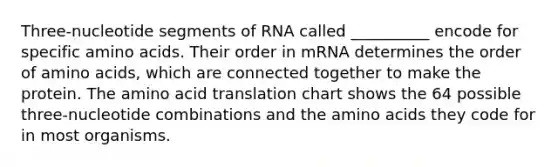 Three-nucleotide segments of RNA called __________ encode for specific amino acids. Their order in mRNA determines the order of amino acids, which are connected together to make the protein. The amino acid translation chart shows the 64 possible three-nucleotide combinations and the amino acids they code for in most organisms.