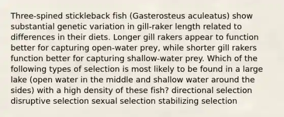 Three-spined stickleback fish (Gasterosteus aculeatus) show substantial genetic variation in gill-raker length related to differences in their diets. Longer gill rakers appear to function better for capturing open-water prey, while shorter gill rakers function better for capturing shallow-water prey. Which of the following types of selection is most likely to be found in a large lake (open water in the middle and shallow water around the sides) with a high density of these fish? directional selection disruptive selection sexual selection stabilizing selection