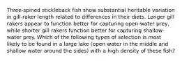 Three-spined stickleback fish show substantial heritable variation in gill-raker length related to differences in their diets. Longer gill rakers appear to function better for capturing open-water prey, while shorter gill rakers function better for capturing shallow-water prey. Which of the following types of selection is most likely to be found in a large lake (open water in the middle and shallow water around the sides) with a high density of these fish?