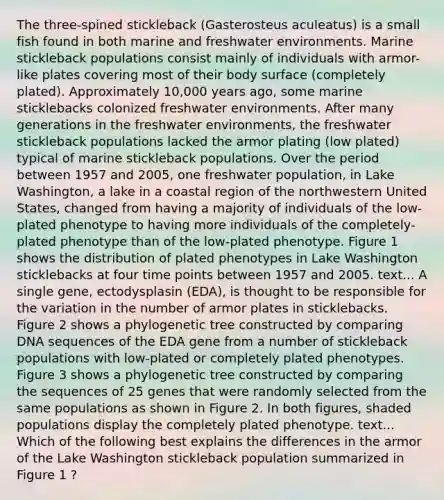 The three-spined stickleback (Gasterosteus aculeatus) is a small fish found in both marine and freshwater environments. Marine stickleback populations consist mainly of individuals with armor-like plates covering most of their body surface (completely plated). Approximately 10,000 years ago, some marine sticklebacks colonized freshwater environments. After many generations in the freshwater environments, the freshwater stickleback populations lacked the armor plating (low plated) typical of marine stickleback populations. Over the period between 1957 and 2005, one freshwater population, in Lake Washington, a lake in a coastal region of the northwestern United States, changed from having a majority of individuals of the low-plated phenotype to having more individuals of the completely-plated phenotype than of the low-plated phenotype. Figure 1 shows the distribution of plated phenotypes in Lake Washington sticklebacks at four time points between 1957 and 2005. text... A single gene, ectodysplasin (EDA), is thought to be responsible for the variation in the number of armor plates in sticklebacks. Figure 2 shows a phylogenetic tree constructed by comparing DNA sequences of the EDA gene from a number of stickleback populations with low-plated or completely plated phenotypes. Figure 3 shows a phylogenetic tree constructed by comparing the sequences of 25 genes that were randomly selected from the same populations as shown in Figure 2. In both figures, shaded populations display the completely plated phenotype. text... Which of the following best explains the differences in the armor of the Lake Washington stickleback population summarized in Figure 1 ?