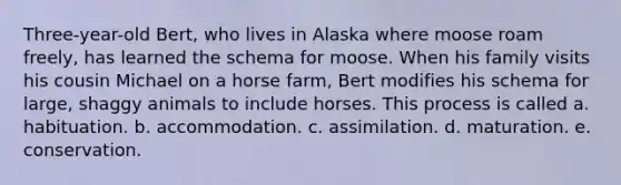 Three-year-old Bert, who lives in Alaska where moose roam freely, has learned the schema for moose. When his family visits his cousin Michael on a horse farm, Bert modifies his schema for large, shaggy animals to include horses. This process is called a. habituation. b. accommodation. c. assimilation. d. maturation. e. conservation.