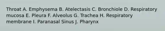 Throat A. Emphysema B. Atelectasis C. Bronchiole D. Respiratory mucosa E. Pleura F. Alveolus G. Trachea H. Respiratory membrane I. Paranasal Sinus J. Pharynx