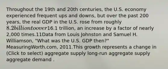 Throughout the 19th and 20th centuries, the U.S. economy experienced frequent ups and downs, but over the past 200 years, the real GDP in the U.S. rose from roughly 8.2 billion to over16.1 trillion, an increase by a factor of nearly 2,000 times.11Data from Louis Johnston and Samuel H. Williamson, "What was the U.S. GDP then?" MeasuringWorth.com, 2011.This growth represents a change in (Click to select) aggregate supply long-run aggregate supply aggregate demand .