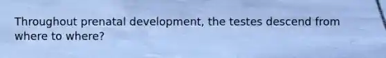 Throughout prenatal development, the testes descend from where to where?