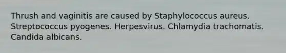 Thrush and vaginitis are caused by Staphylococcus aureus. Streptococcus pyogenes. Herpesvirus. Chlamydia trachomatis. Candida albicans.