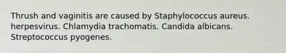 Thrush and vaginitis are caused by Staphylococcus aureus. herpesvirus. Chlamydia trachomatis. Candida albicans. Streptococcus pyogenes.