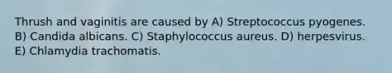 Thrush and vaginitis are caused by A) Streptococcus pyogenes. B) Candida albicans. C) Staphylococcus aureus. D) herpesvirus. E) Chlamydia trachomatis.