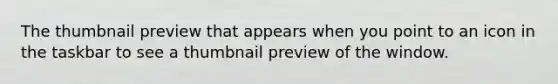 The thumbnail preview that appears when you point to an icon in the taskbar to see a thumbnail preview of the window.