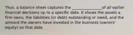 Thus, a balance sheet captures the ________________of all earlier financial decisions up to a specific date. It shows the assets a firm owns, the liabilities (or debt) outstanding or owed, and the amount the owners have invested in the business (owners' equity) on that date.