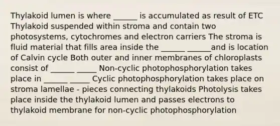 Thylakoid lumen is where ______ is accumulated as result of ETC Thylakoid suspended within stroma and contain two photosystems, cytochromes and electron carriers The stroma is fluid material that fills area inside the ______ ______and is location of Calvin cycle Both outer and inner membranes of chloroplasts consist of ______ _____ Non-cyclic photophosphorylation takes place in ______ _____ Cyclic photophosphorylation takes place on stroma lamellae - pieces connecting thylakoids Photolysis takes place inside the thylakoid lumen and passes electrons to thylakoid membrane for non-cyclic photophosphorylation