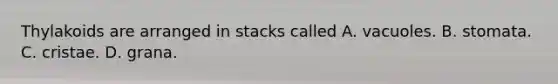 Thylakoids are arranged in stacks called A. vacuoles. B. stomata. C. cristae. D. grana.