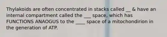 Thylakoids are often concentrated in stacks called __ & have an internal compartment called the ___ space, which has FUNCTIONS ANAOGUS to the ____ space of a mitochondirion in the generation of ATP.