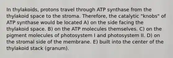 In thylakoids, protons travel through ATP synthase from the thylakoid space to the stroma. Therefore, the catalytic "knobs" of ATP synthase would be located A) on the side facing the thylakoid space. B) on the ATP molecules themselves. C) on the pigment molecules of photosystem I and photosystem II. D) on the stromal side of the membrane. E) built into the center of the thylakoid stack (granum).