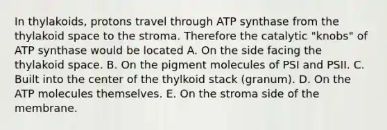 In thylakoids, protons travel through ATP synthase from the thylakoid space to the stroma. Therefore the catalytic "knobs" of ATP synthase would be located A. On the side facing the thylakoid space. B. On the pigment molecules of PSI and PSII. C. Built into the center of the thylkoid stack (granum). D. On the ATP molecules themselves. E. On the stroma side of the membrane.