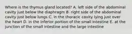 Where is the thymus gland located? A. left side of the abdominal cavity just below the diaphragm B. right side of the abdominal cavity just below lungs C. in the thoracic cavity lying just over the heart D. in the inferior portion of the small intestine E. at the junction of the small intestine and the large intestine