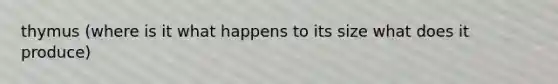thymus (where is it what happens to its size what does it produce)