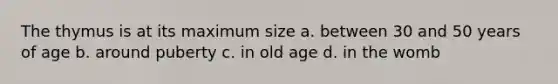 The thymus is at its maximum size a. between 30 and 50 years of age b. around puberty c. in old age d. in the womb