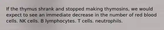 If the thymus shrank and stopped making thymosins, we would expect to see an immediate decrease in the number of red blood cells. NK cells. B lymphocytes. T cells. neutrophils.