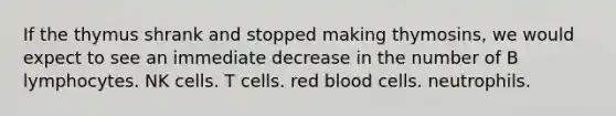 If the thymus shrank and stopped making thymosins, we would expect to see an immediate decrease in the number of B lymphocytes. NK cells. T cells. red blood cells. neutrophils.