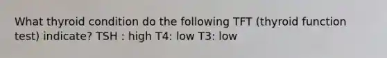 What thyroid condition do the following TFT (thyroid function test) indicate? TSH : high T4: low T3: low