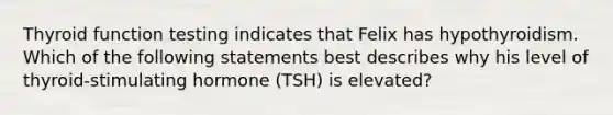 Thyroid function testing indicates that Felix has hypothyroidism. Which of the following statements best describes why his level of thyroid-stimulating hormone (TSH) is elevated?