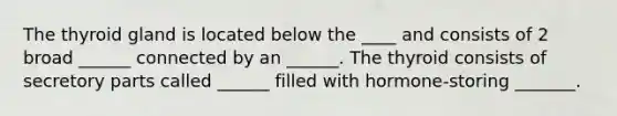 The thyroid gland is located below the ____ and consists of 2 broad ______ connected by an ______. The thyroid consists of secretory parts called ______ filled with hormone-storing _______.