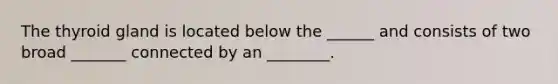 The thyroid gland is located below the ______ and consists of two broad _______ connected by an ________.