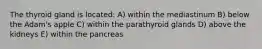 The thyroid gland is located: A) within the mediastinum B) below the Adam's apple C) within the parathyroid glands D) above the kidneys E) within the pancreas