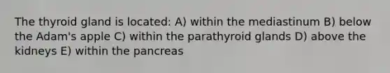 The thyroid gland is located: A) within the mediastinum B) below the Adam's apple C) within the parathyroid glands D) above the kidneys E) within the pancreas