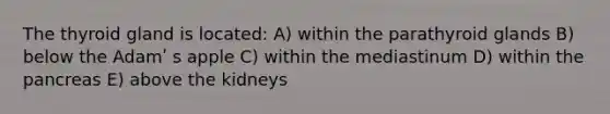 The thyroid gland is located: A) within the parathyroid glands B) below the Adamʹ s apple C) within the mediastinum D) within <a href='https://www.questionai.com/knowledge/kITHRba4Cd-the-pancreas' class='anchor-knowledge'>the pancreas</a> E) above the kidneys