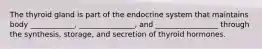 The thyroid gland is part of the endocrine system that maintains body ____________, _______________, and _________________ through the synthesis, storage, and secretion of thyroid hormones.