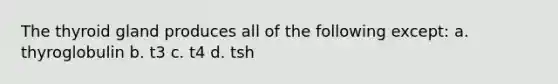 The thyroid gland produces all of the following except: a. thyroglobulin b. t3 c. t4 d. tsh