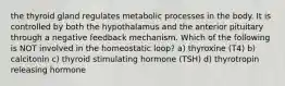 the thyroid gland regulates metabolic processes in the body. It is controlled by both the hypothalamus and the anterior pituitary through a negative feedback mechanism. Which of the following is NOT involved in the homeostatic loop? a) thyroxine (T4) b) calcitonin c) thyroid stimulating hormone (TSH) d) thyrotropin releasing hormone