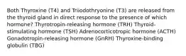 Both Thyroxine (T4) and Triiodothryonine (T3) are released from the thyroid gland in direct response to the presence of which hormone? Thyrotropin-releasing hormone (TRH) Thyroid-stimulating hormone (TSH) Adrenocorticotropic hormone (ACTH) Gonadotropin-releasing hormone (GnRH) Thyroxine-binding globulin (TBG)