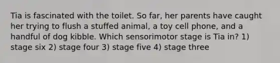 Tia is fascinated with the toilet. So far, her parents have caught her trying to flush a stuffed animal, a toy cell phone, and a handful of dog kibble. Which sensorimotor stage is Tia in? 1) stage six 2) stage four 3) stage five 4) stage three